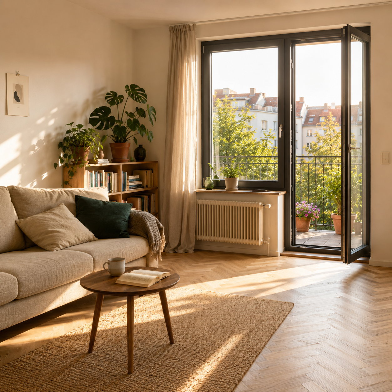 Wohnzimmer einer Altbauwohnung im Nachmittagslicht: helles Sofa, Fischgrätparkett, offene Balkontür mit Blick auf einen begrünten Innenhof